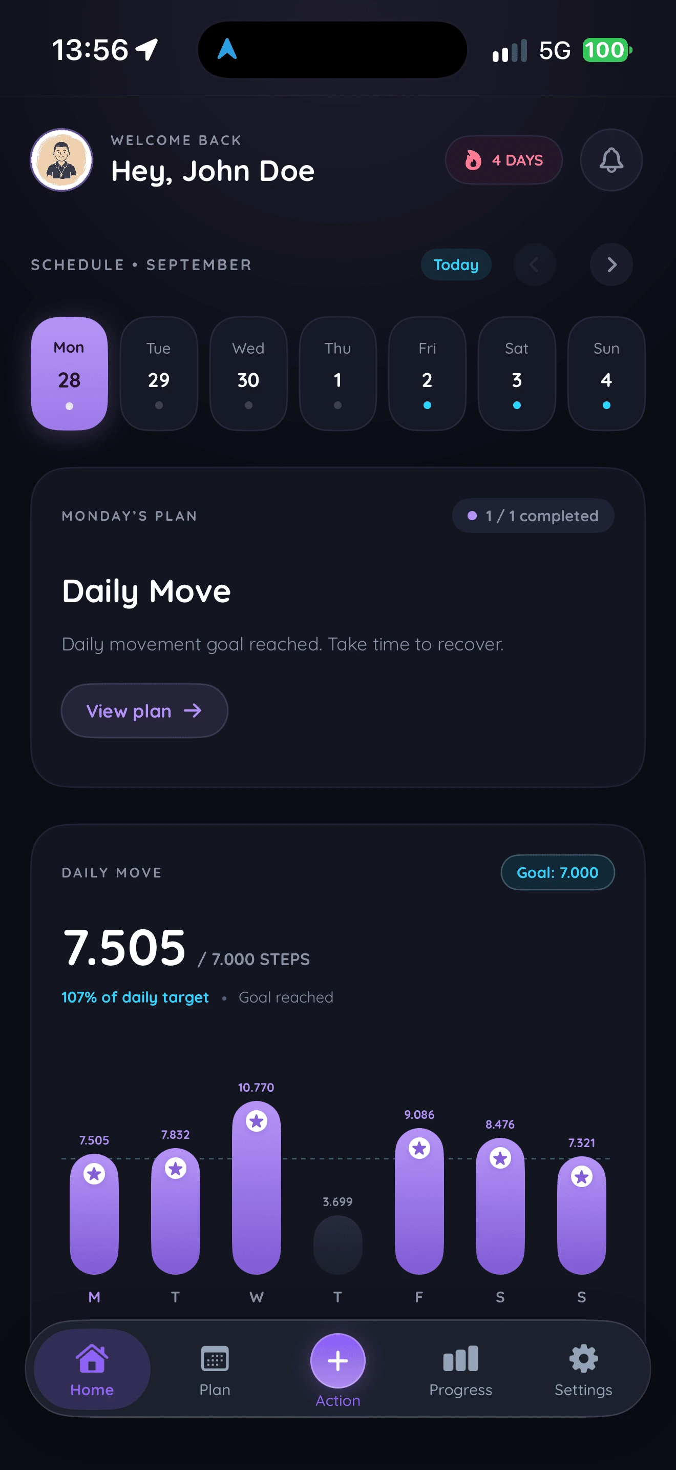 ROUTN Home screen with the week strip, the plan for the selected day and Daily Move steps for the week.