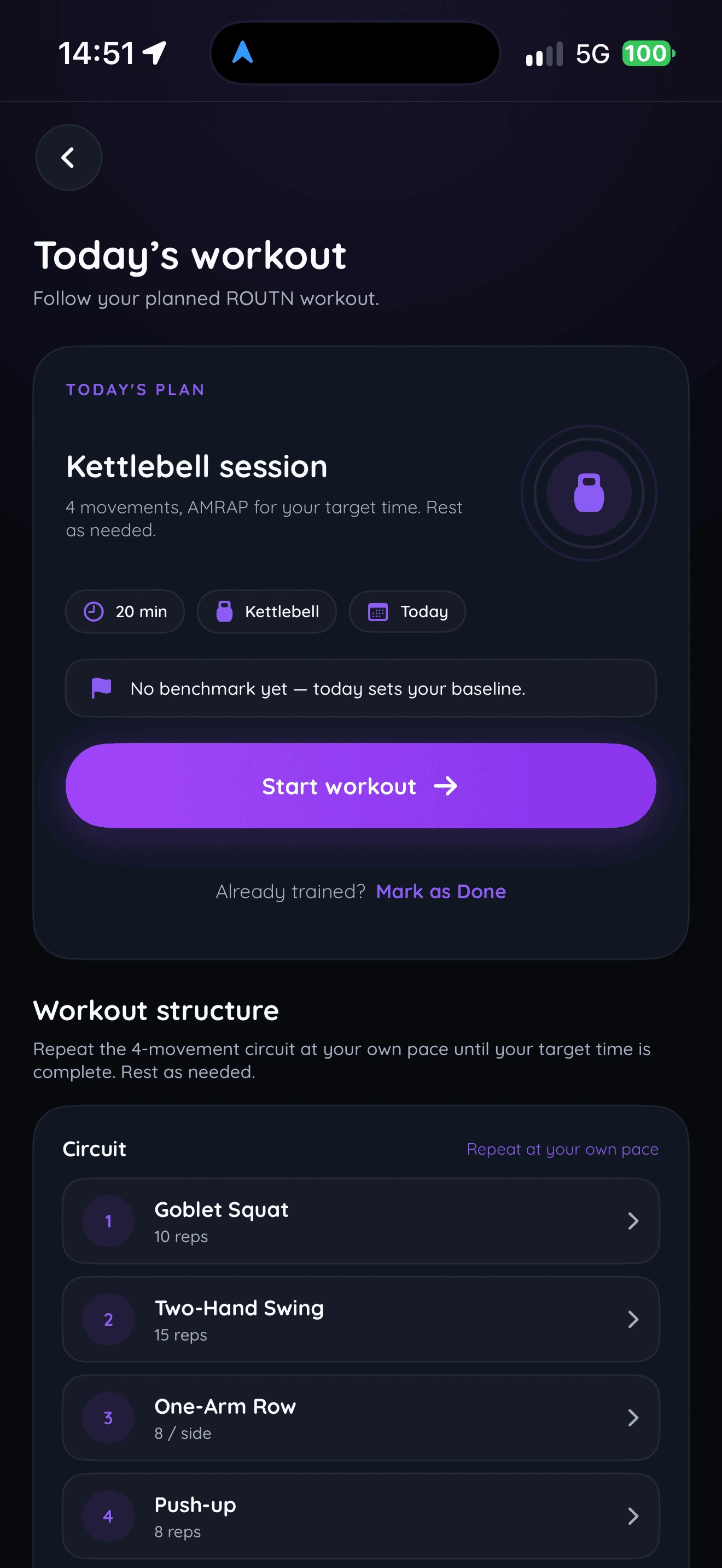 ROUTN workout screen for today’s kettlebell session, with four movements and a 20 minute target.